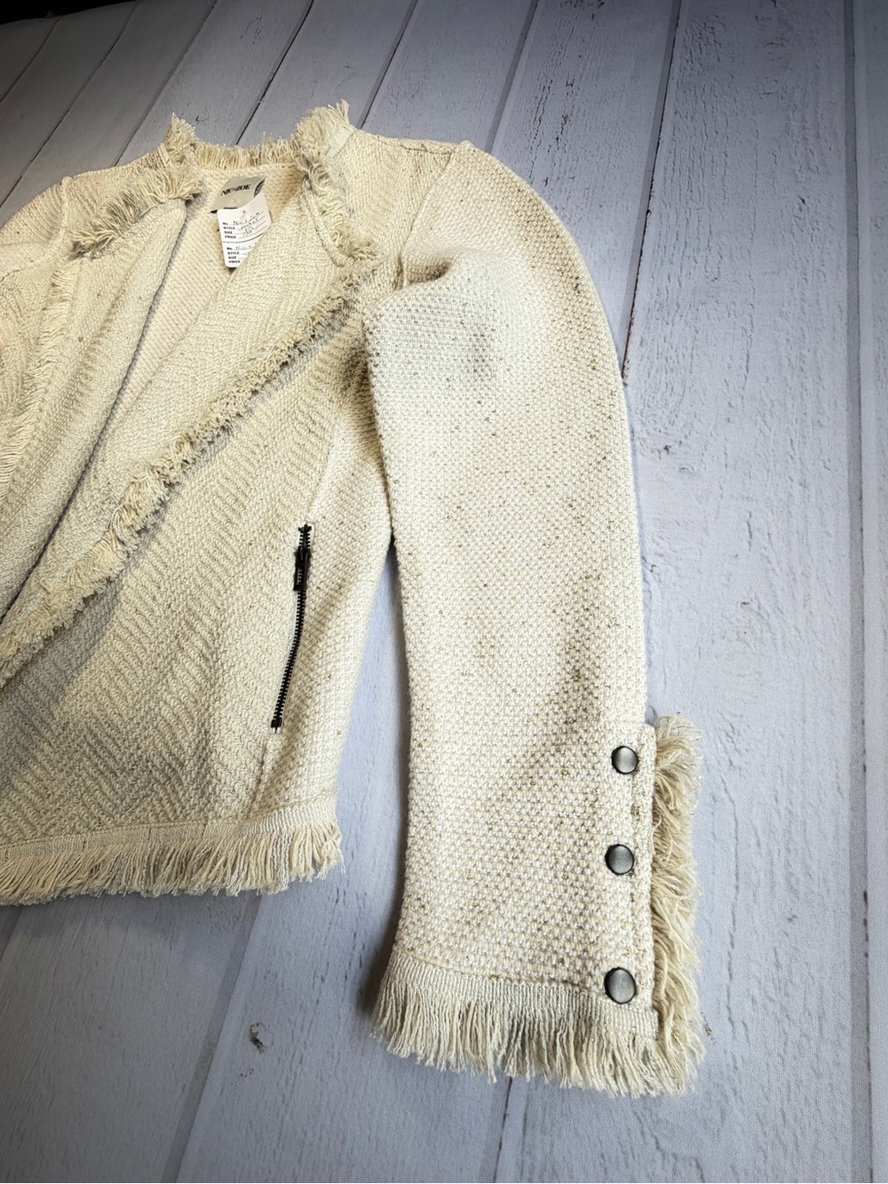 NIC+ZOE Cream Fringe Open Front Tweed Knit Jacket Medium Metallic Zip Pockets - Picture 6 of 8